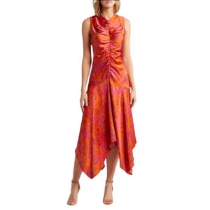 MELLODAY Halter Floral Print Ruched Satin Midi Dress In Fuchsia Multi XL